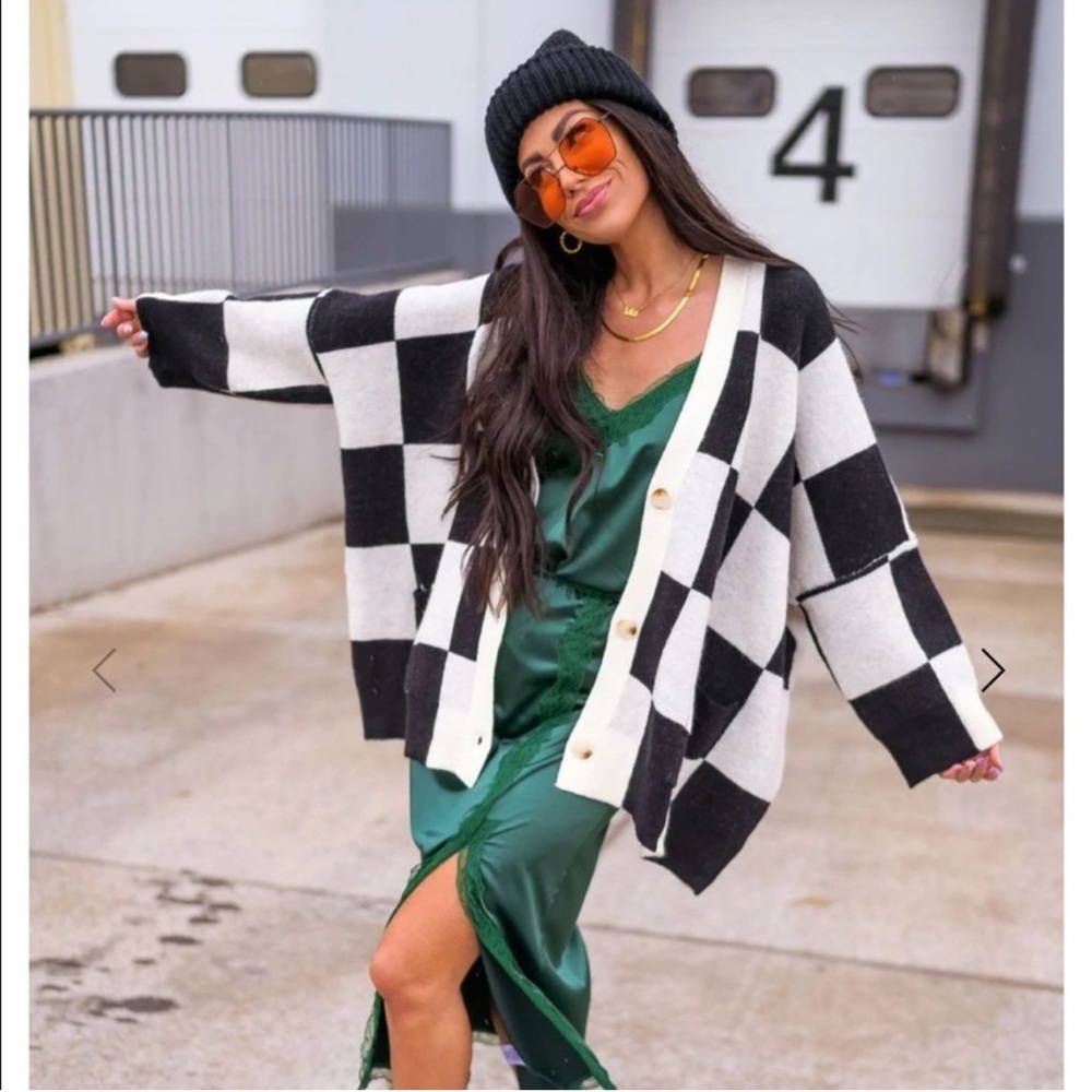 DRESSED IN LALA | love you checkerboard Oversized Cardigan